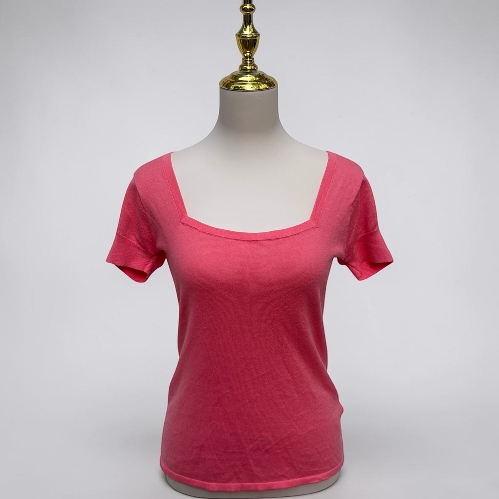 Banana Republic‎ Square Neck Knit Top S Pink Puff Sleeve Cotton 2010s Preppy